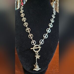 Silvertone Peace Sign Toggle Necklace